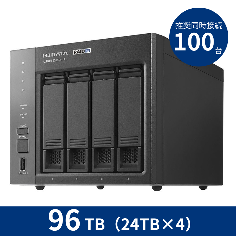 HDL4-LX96／96TB 推奨同時接続台数～100台 4ドライブNAS（24TB×4）